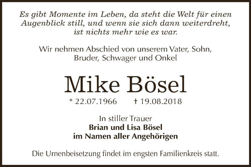  Traueranzeige für Mike Bösel vom 01.09.2018 aus Super Sonntag SGH Mansf. Land