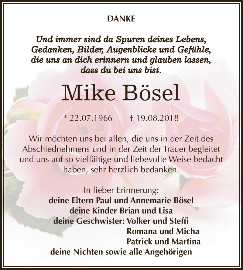  Traueranzeige für Mike Bösel vom 22.09.2018 aus Super Sonntag SGH Mansf. Land