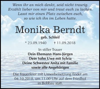 Traueranzeige von Monika Berndt von Mitteldeutsche Zeitung Bitterfeld