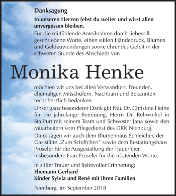 Traueranzeige von Monika Henke von Mitteldeutsche Zeitung Bernburg