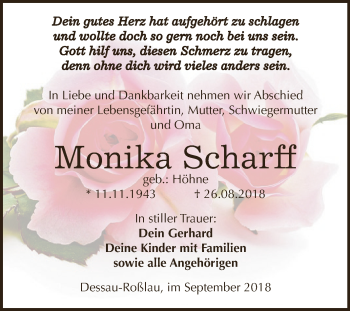 Traueranzeige von Monika Scharff von WVG - Wochenspiegel Dessau / Köthen