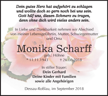 Traueranzeige von Monika Scharff von Mitteldeutsche Zeitung Dessau-Roßlau