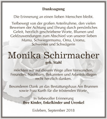 Traueranzeige von Monika Schirmacher von Super Sonntag SGH Mansf. Land