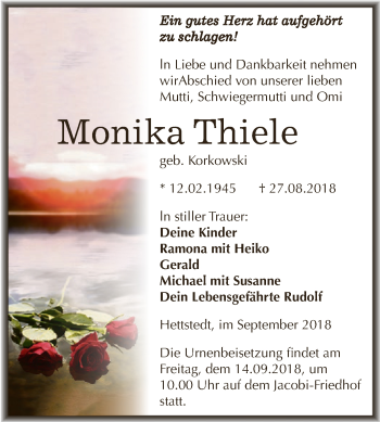 Traueranzeige von Monika Thiele von Super Sonntag SGH Mansf. Land