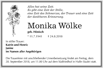 Traueranzeige von Monika Wölke von Mitteldeutsche Zeitung Halle/Saalkreis