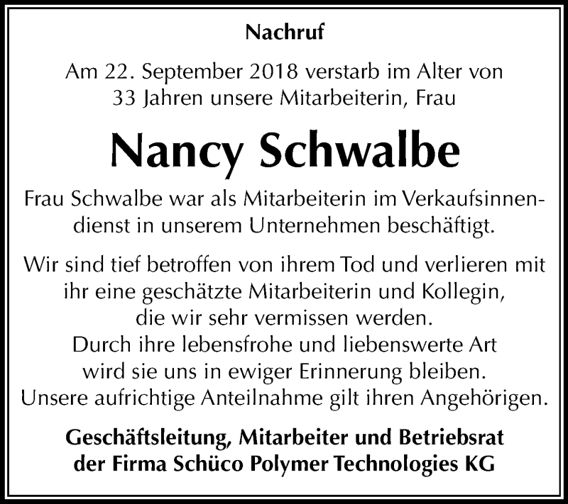  Traueranzeige für Nancy Schwalbe vom 29.09.2018 aus Mitteldeutsche Zeitung