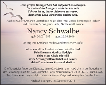Traueranzeige von Nancy Schwalbe von Mitteldeutsche Zeitung