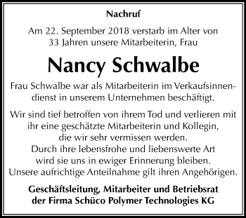 Traueranzeige von Nancy Schwalbe von Mitteldeutsche Zeitung