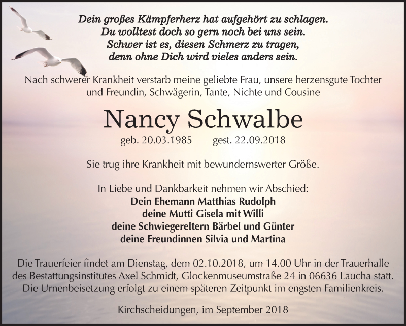  Traueranzeige für Nancy Schwalbe vom 27.09.2018 aus Mitteldeutsche Zeitung