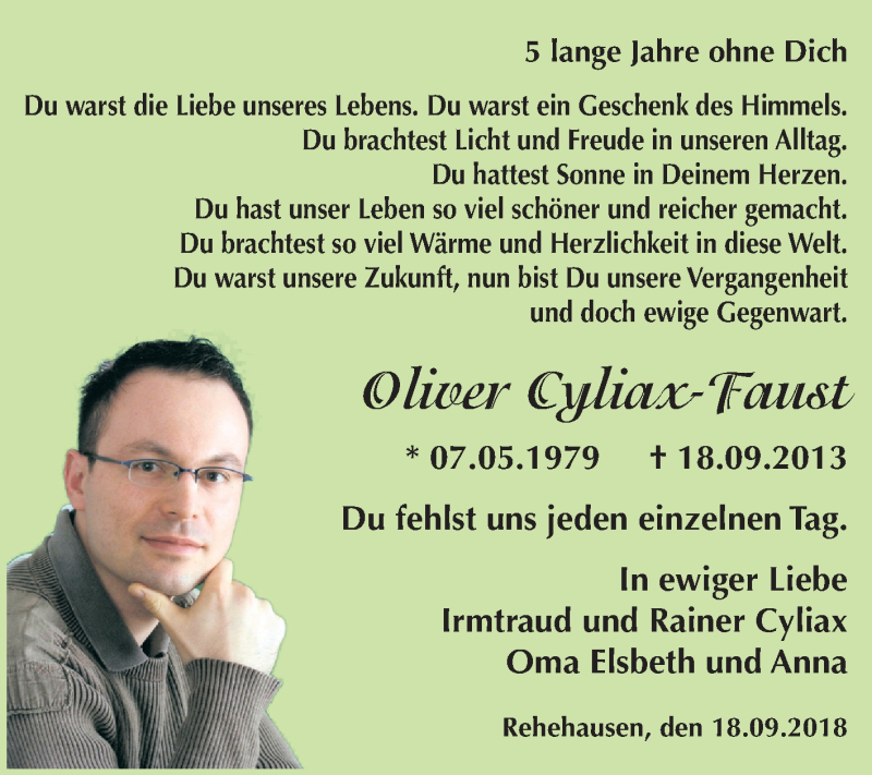  Traueranzeige für Oliver Cyliax-Faust vom 22.09.2018 aus Mitteldeutsche Zeitung
