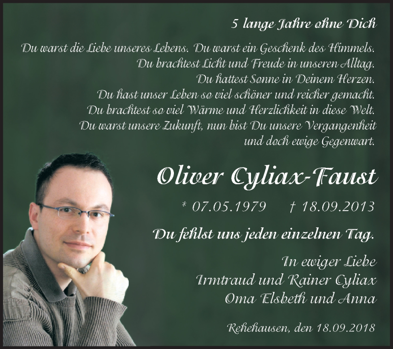  Traueranzeige für Oliver Cyliax-Faust vom 18.09.2018 aus Mitteldeutsche Zeitung