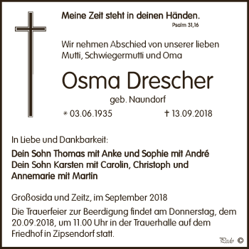 Traueranzeige von Osma Drescher von Super Sonntag Zeitz