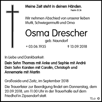 Traueranzeige von Osma Drescher von Mitteldeutsche Zeitung Zeitz