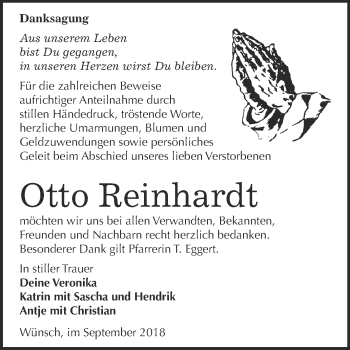 Traueranzeige von Otto Reinhardt von WVG - Wochenspiegel Merseburg