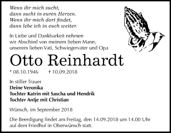 Traueranzeige von Otto Reinhardt von Mitteldeutsche Zeitung Merseburg/Querfurt