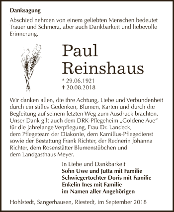 Traueranzeige von Paul Reinshaus von Super Sonntag SGH Mansf. Land