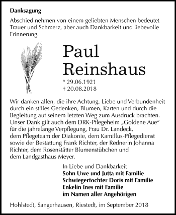 Traueranzeige von Paul Reinshaus von Mitteldeutsche Zeitung Sangerhausen