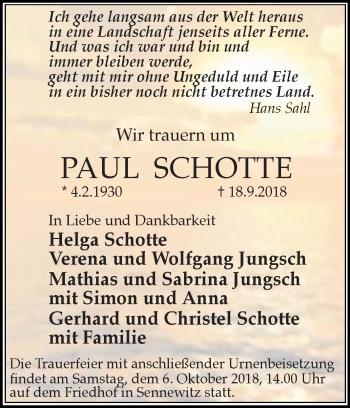 Traueranzeige von Paul Schotte von Mitteldeutsche Zeitung Halle/Saalkreis