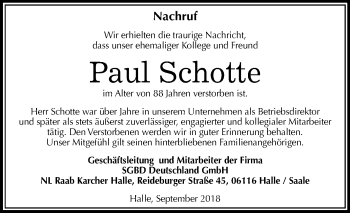 Traueranzeige von Paul Schotte von Mitteldeutsche Zeitung Halle/Saalkreis