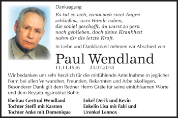 Traueranzeige von Paul Wendland von Mitteldeutsche Zeitung Merseburg/Querfurt