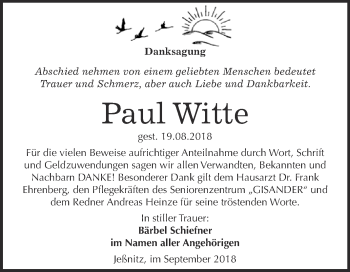 Traueranzeige von Paul Witte von WVG - Wochenspiegel Bitterfeld