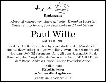 Traueranzeige von Paul Witte von Mitteldeutsche Zeitung Bitterfeld