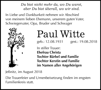 Traueranzeige von Paul Witte von Mitteldeutsche Zeitung Bitterfeld
