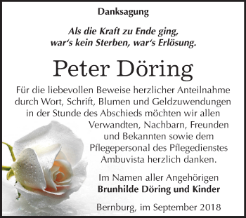 Traueranzeige von Peter Döring von Mitteldeutsche Zeitung Bernburg