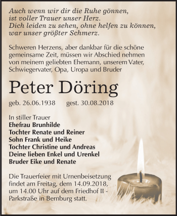 Traueranzeige von Peter Döring von Mitteldeutsche Zeitung Bernburg