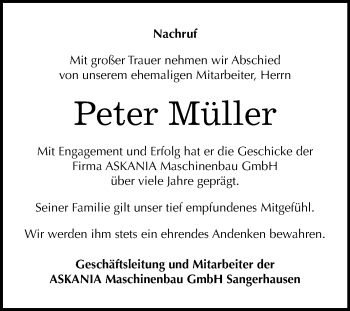 Traueranzeige von Peter Müller von Mitteldeutsche Zeitung Sangerhausen