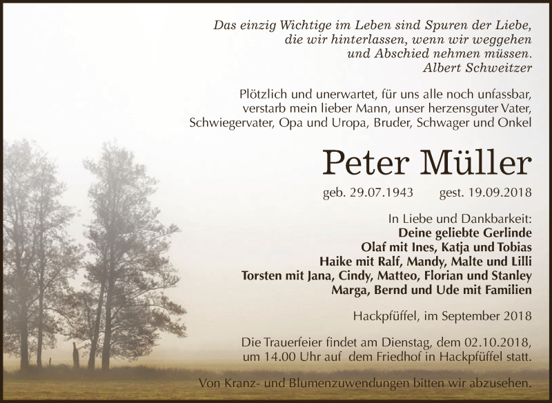  Traueranzeige für Peter Müller vom 22.09.2018 aus Super Sonntag SGH Mansf. Land