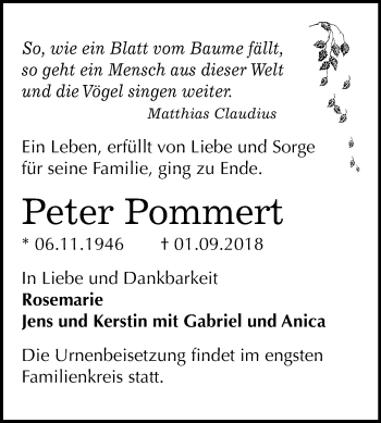 Traueranzeige von Peter Pommert von Mitteldeutsche Zeitung Köthen