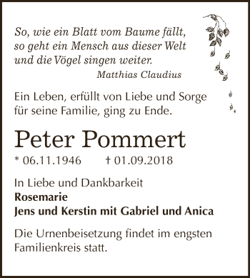 Traueranzeige von Peter Pommert von WVG - Wochenspiegel Dessau / Köthen