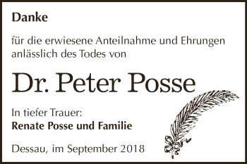 Traueranzeige von Peter Posse von WVG - Wochenspiegel Dessau / Köthen