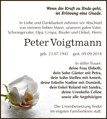 Traueranzeige von Peter Voigtmann von WVG - Wochenspiegel NMB / WSF / ZTZ