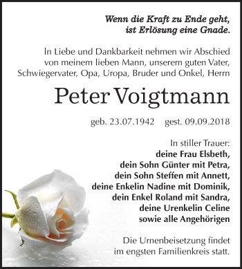 Traueranzeige von Peter Voigtmann von Mitteldeutsche Zeitung Weißenfels