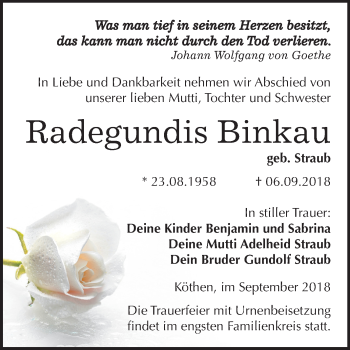 Traueranzeige von Radegundis Binkau von Mitteldeutsche Zeitung Köthen