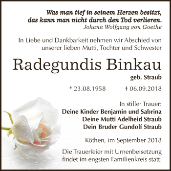 Traueranzeige von Radegundis Binkau von WVG - Wochenspiegel Dessau / Köthen
