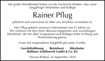 Traueranzeige von Rainer Pflug von Mitteldeutsche Zeitung Dessau-Roßlau
