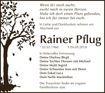 Traueranzeige von Rainer Pflug von WVG - Wochenspiegel Dessau / Köthen