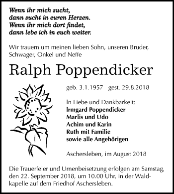 Traueranzeige von Ralph Poppendicker von Mitteldeutsche Zeitung Aschersleben