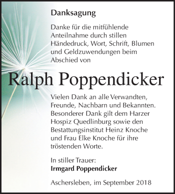 Traueranzeige von Ralph Poppendicker von Mitteldeutsche Zeitung Aschersleben