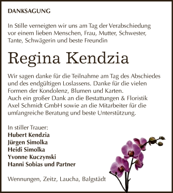 Traueranzeige von Regina Kendzia von WVG - Wochenspiegel NMB / WSF / ZTZ