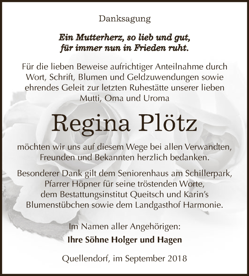  Traueranzeige für Regina Plötz vom 22.09.2018 aus WVG - Wochenspiegel Dessau / Köthen