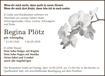 Traueranzeige von Regina Plötz von WVG - Wochenspiegel Dessau / Köthen