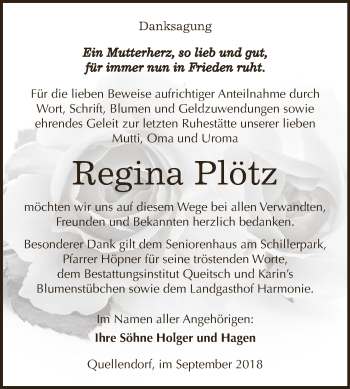 Traueranzeige von Regina Plötz von WVG - Wochenspiegel Dessau / Köthen