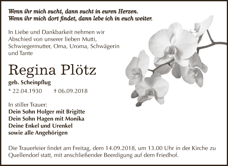  Traueranzeige für Regina Plötz vom 12.09.2018 aus WVG - Wochenspiegel Dessau / Köthen
