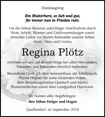 Traueranzeige von Regina Plötz von Mitteldeutsche Zeitung Köthen