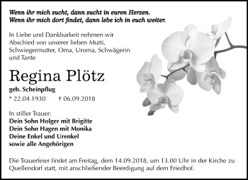 Traueranzeige von Regina Plötz von Mitteldeutsche Zeitung Köthen