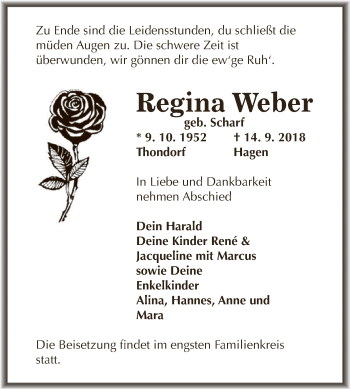 Traueranzeige von Regina Weber von Super Sonntag SGH Mansf. Land